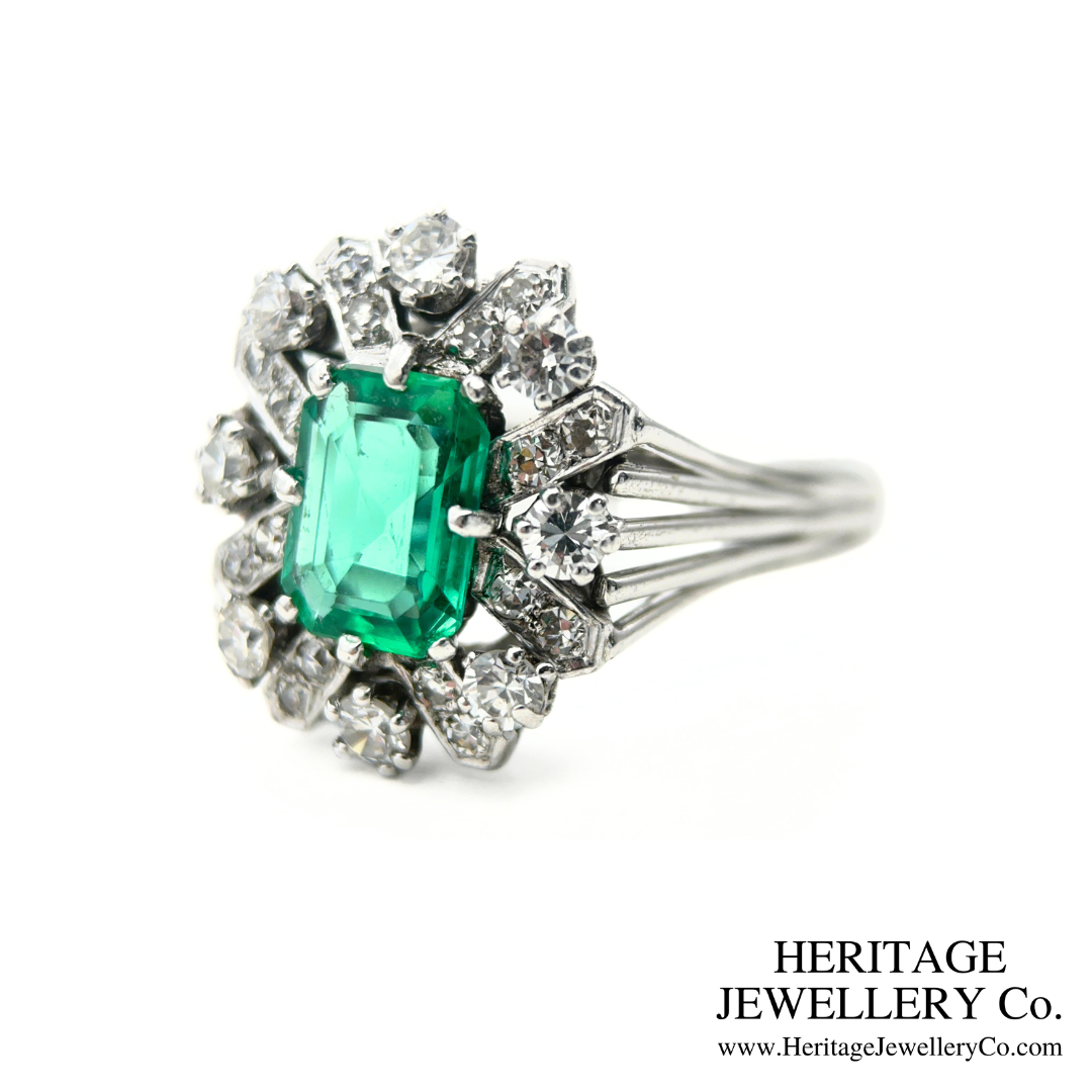 Art Deco Emerald and Diamond Cluster Ring (Platinum)