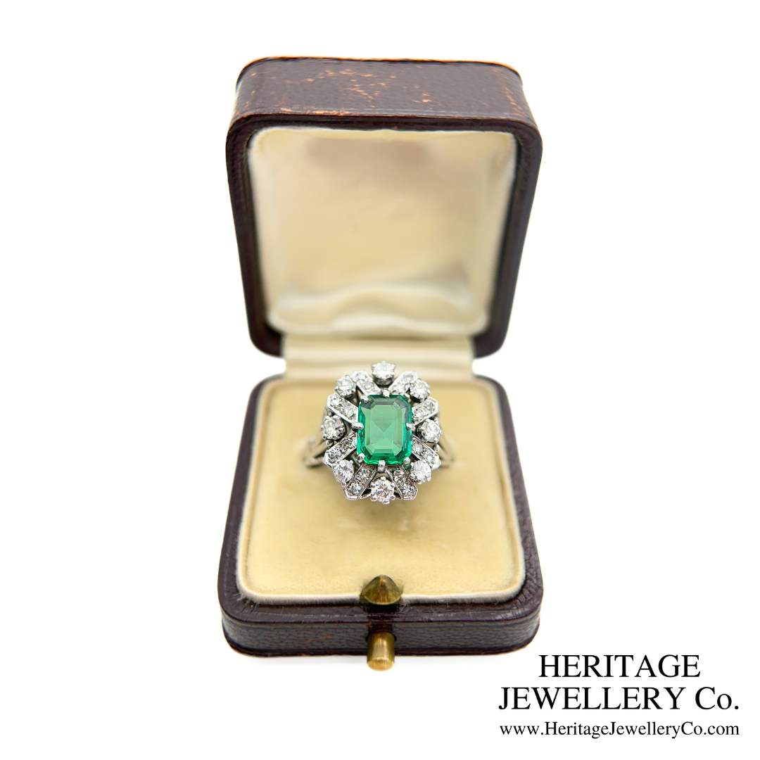 Art Deco Emerald and Diamond Cluster Ring (Platinum)