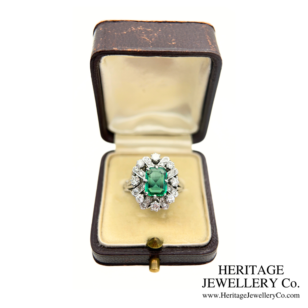 Art Deco Emerald and Diamond Cluster Ring (Platinum)