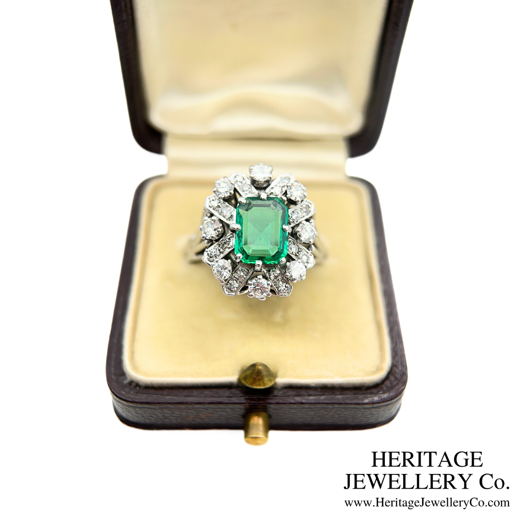 Art Deco Emerald and Diamond Cluster Ring (Platinum)