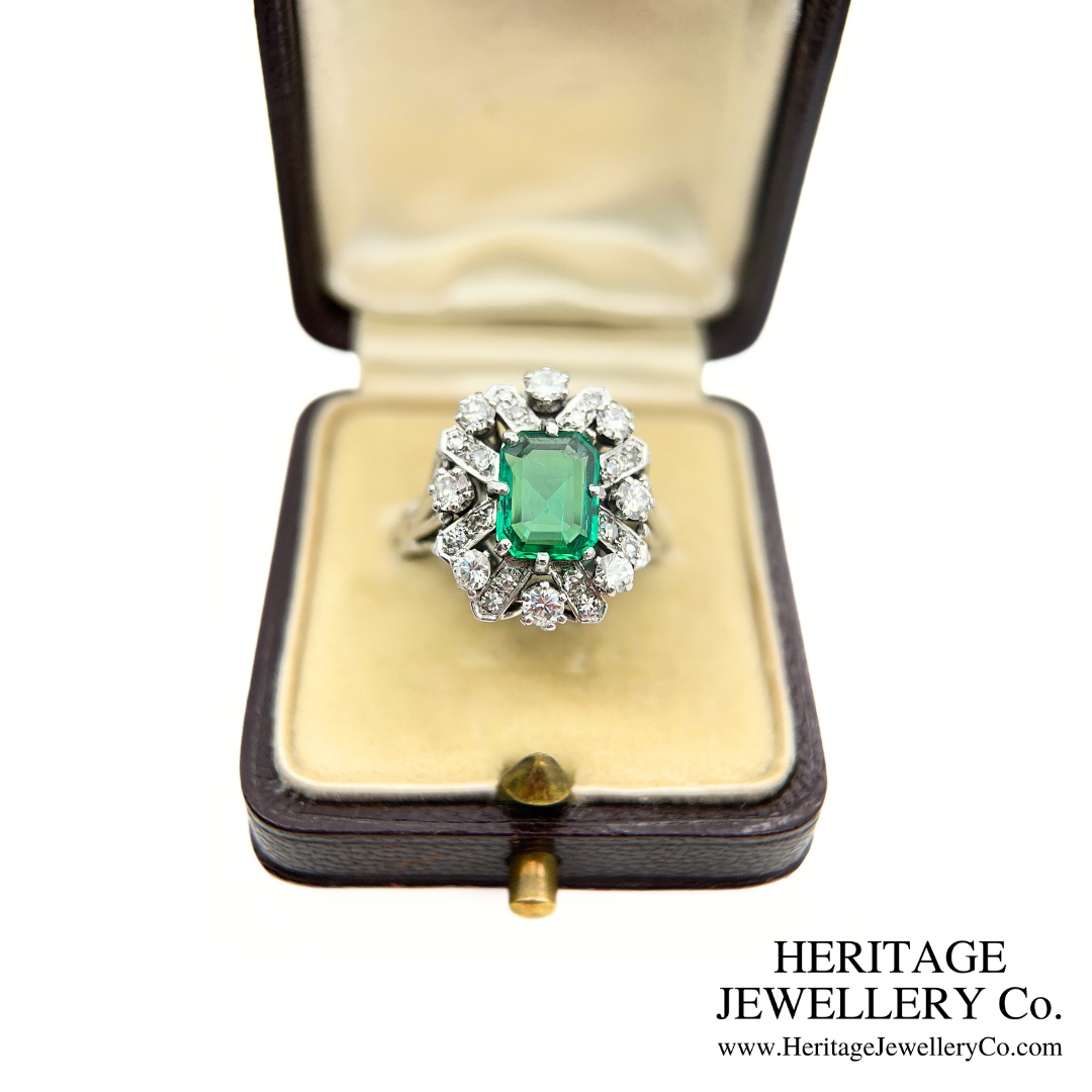 Art Deco Emerald and Diamond Cluster Ring (Platinum)
