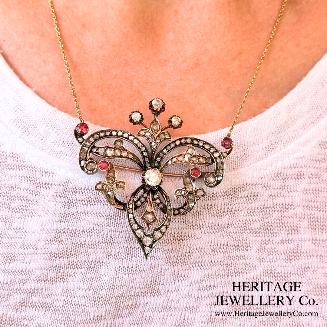Antique Ruby & Diamond Pendant Brooch