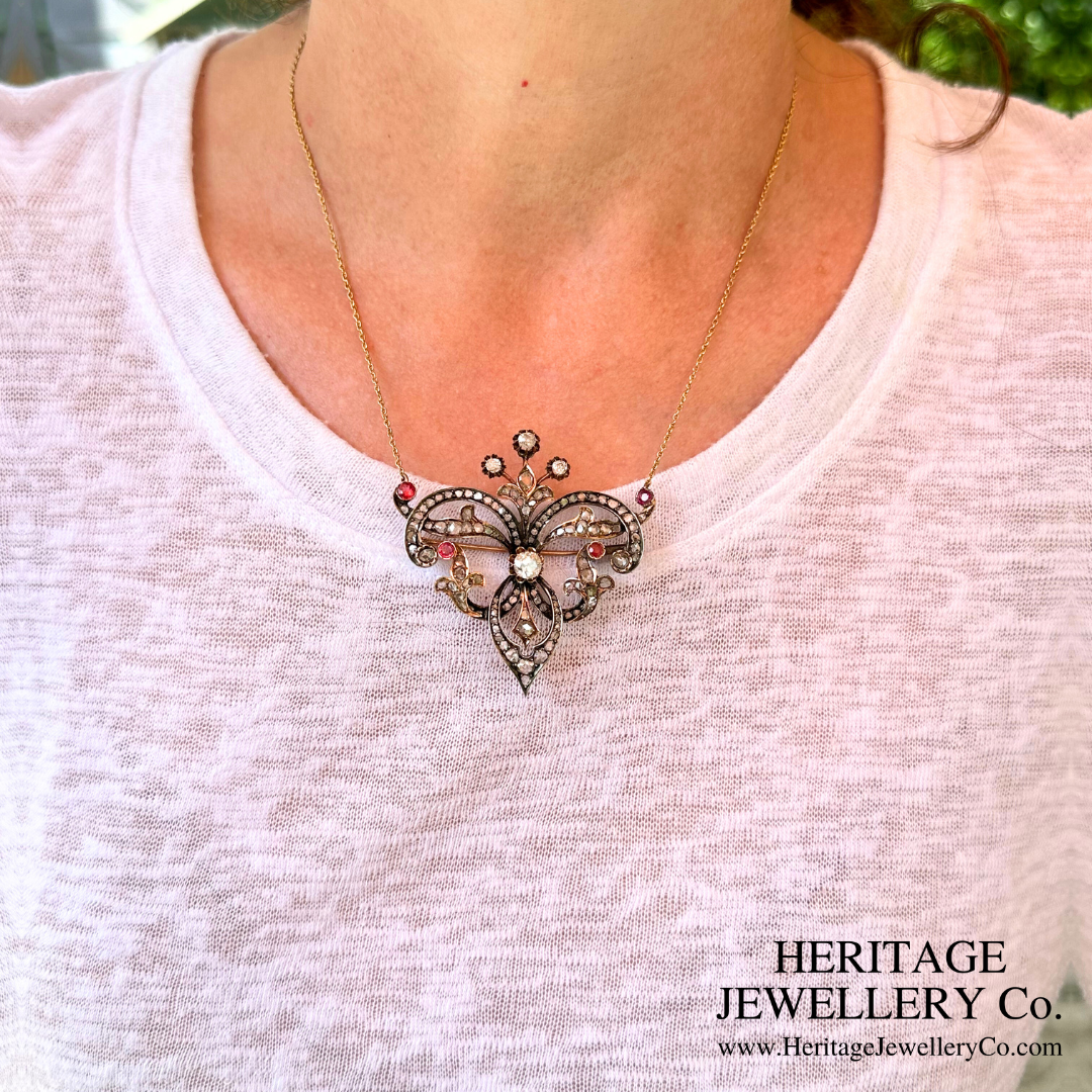 Antique Ruby & Diamond Pendant Brooch