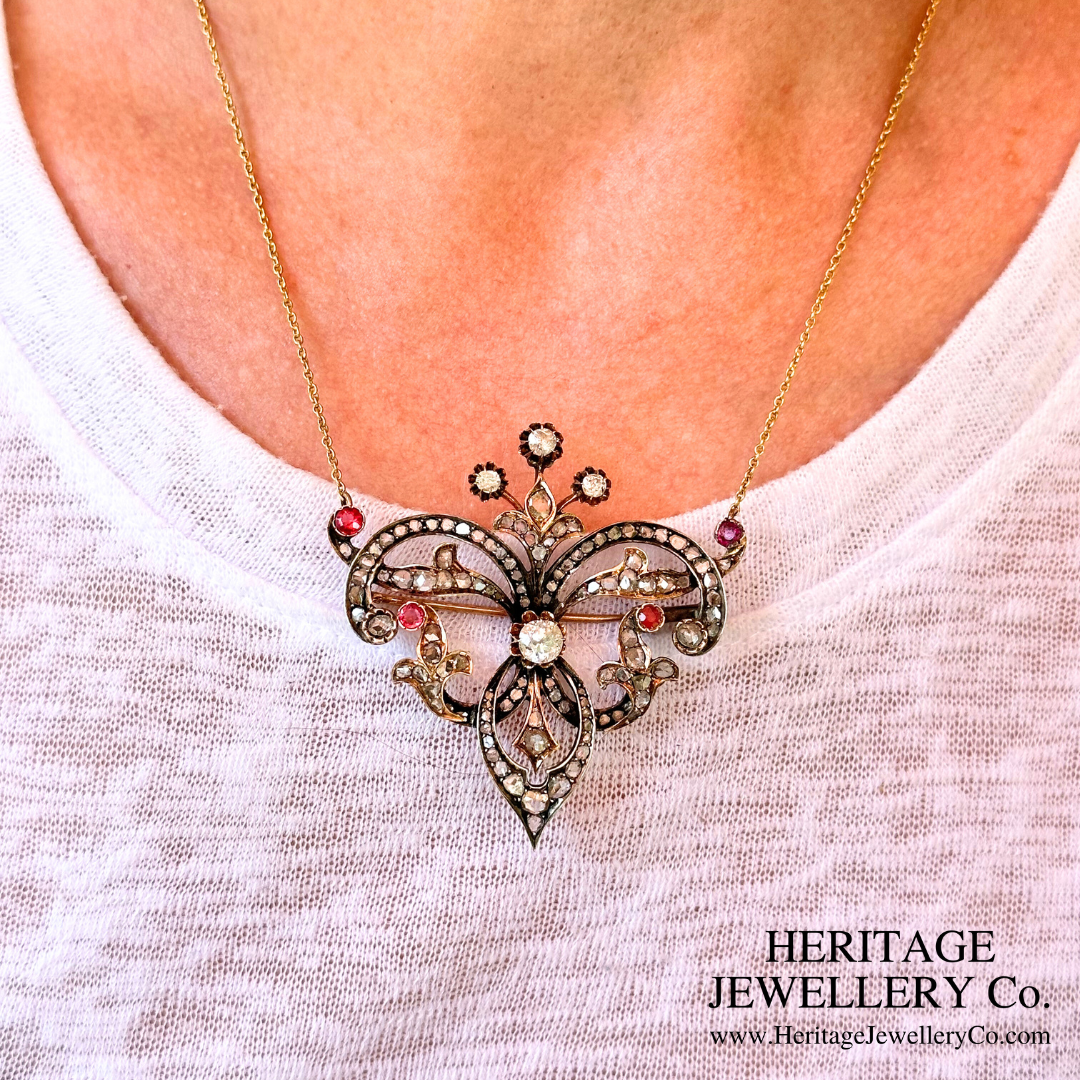 Antique Ruby & Diamond Pendant Brooch