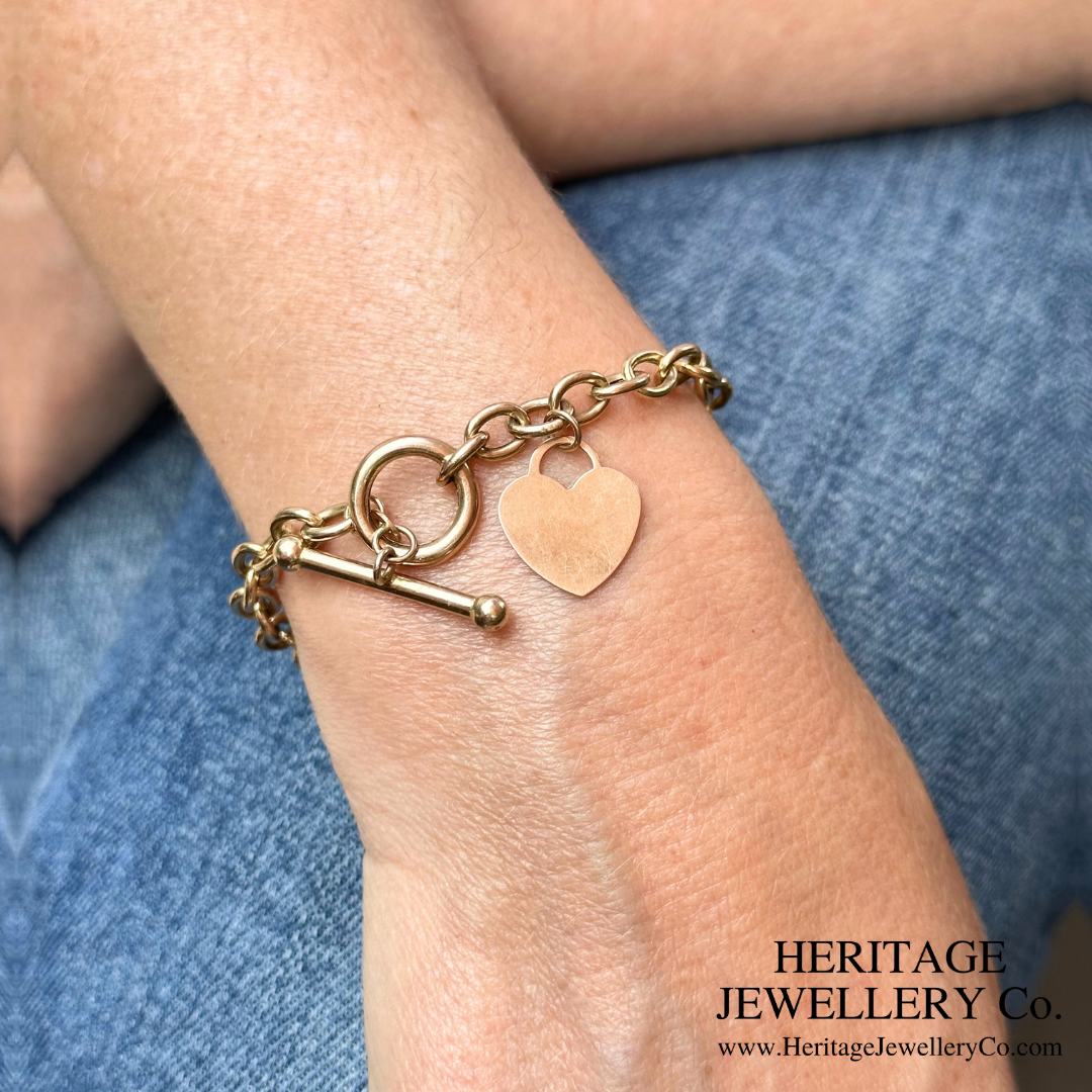 Vintage Gold Bracelet with Heart Charm and T-Bar