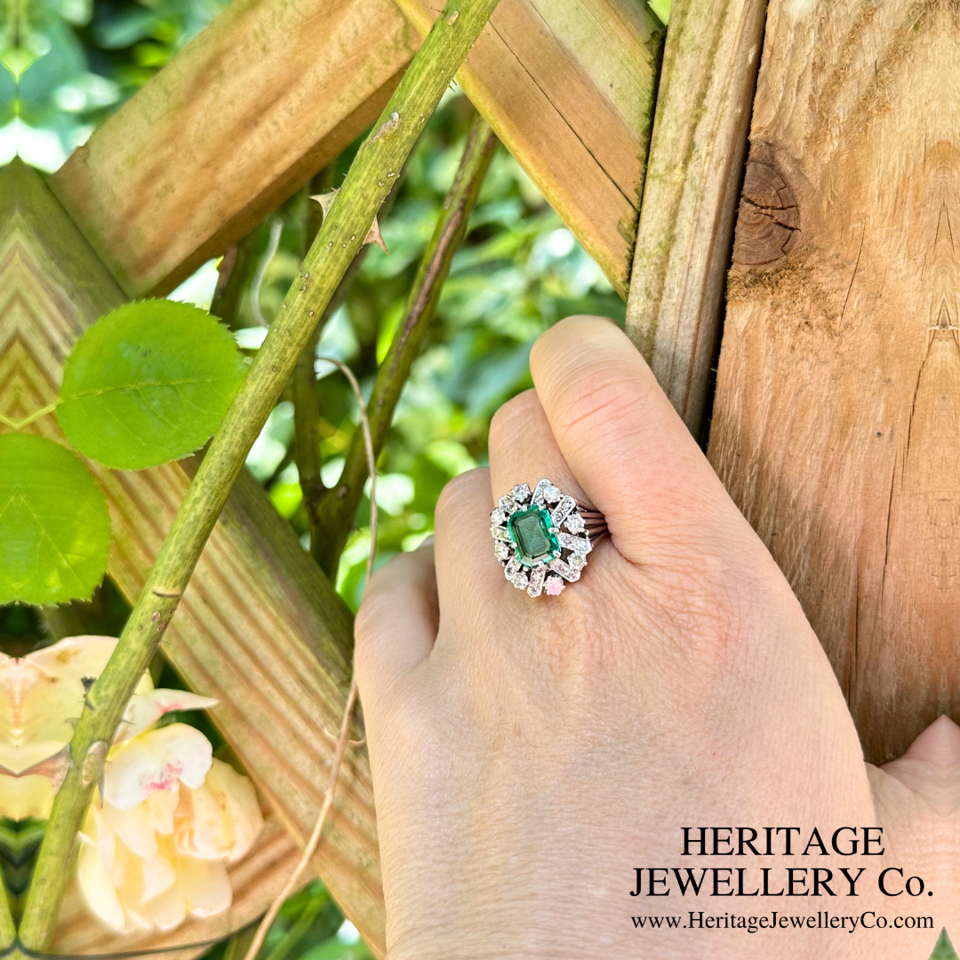 Art Deco Emerald and Diamond Cluster Ring (Platinum)