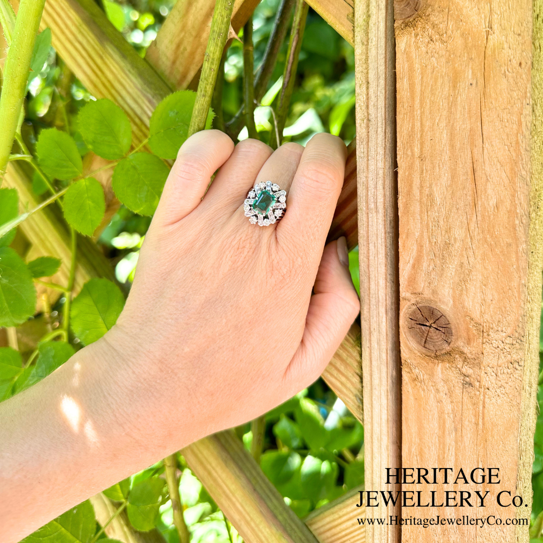 Art Deco Emerald and Diamond Cluster Ring (Platinum)