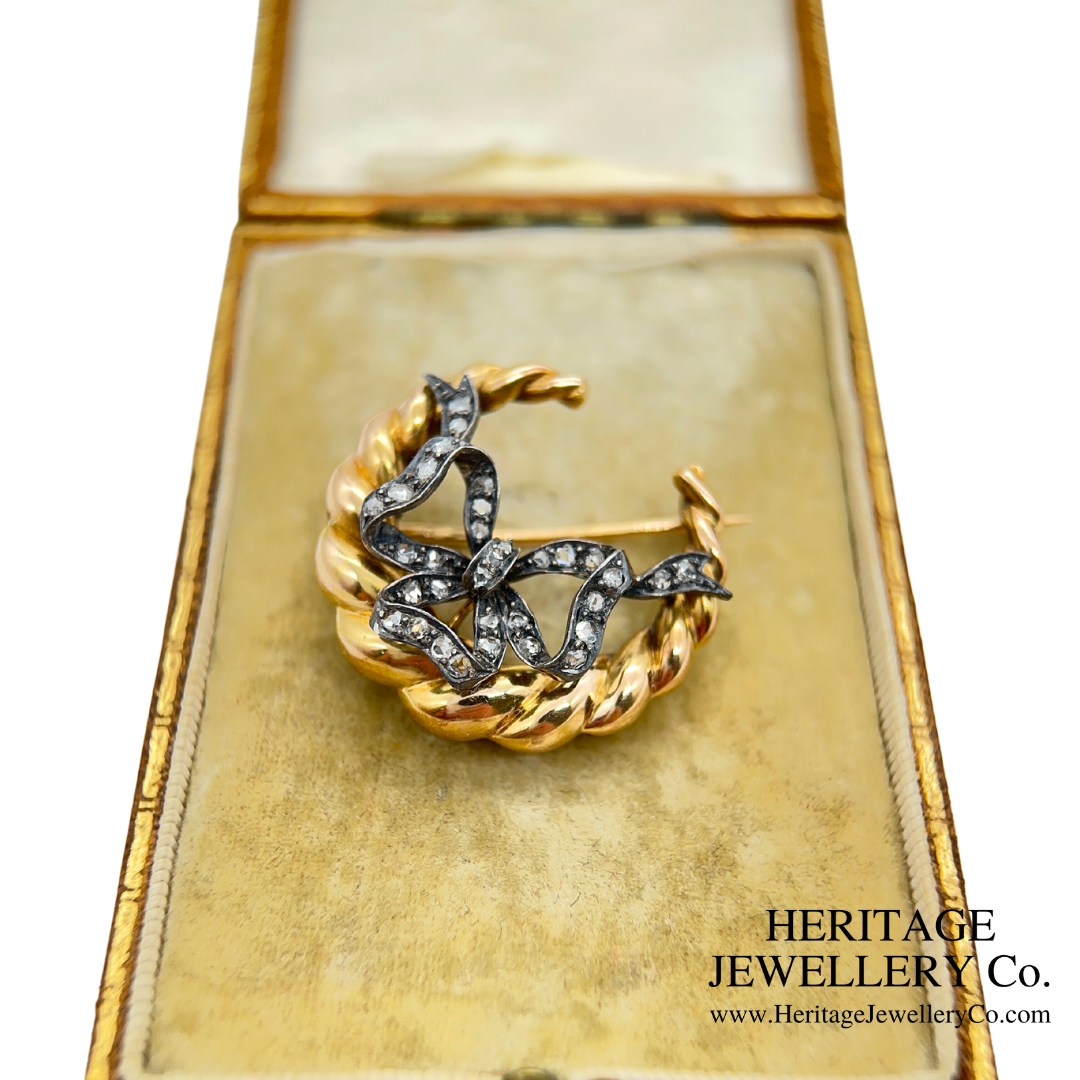Antique Rose Diamond Bow and Crescent Brooch