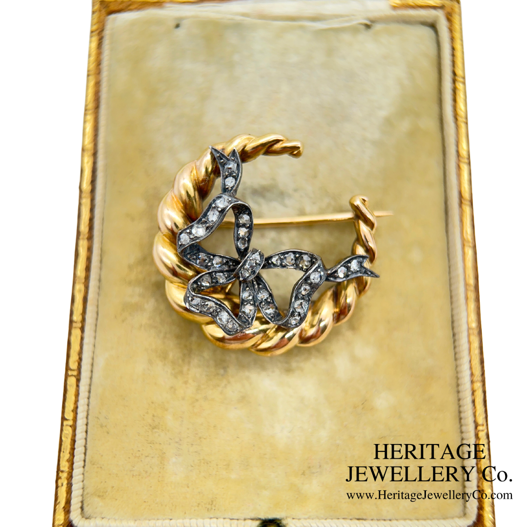 Antique Rose Diamond Bow and Crescent Brooch