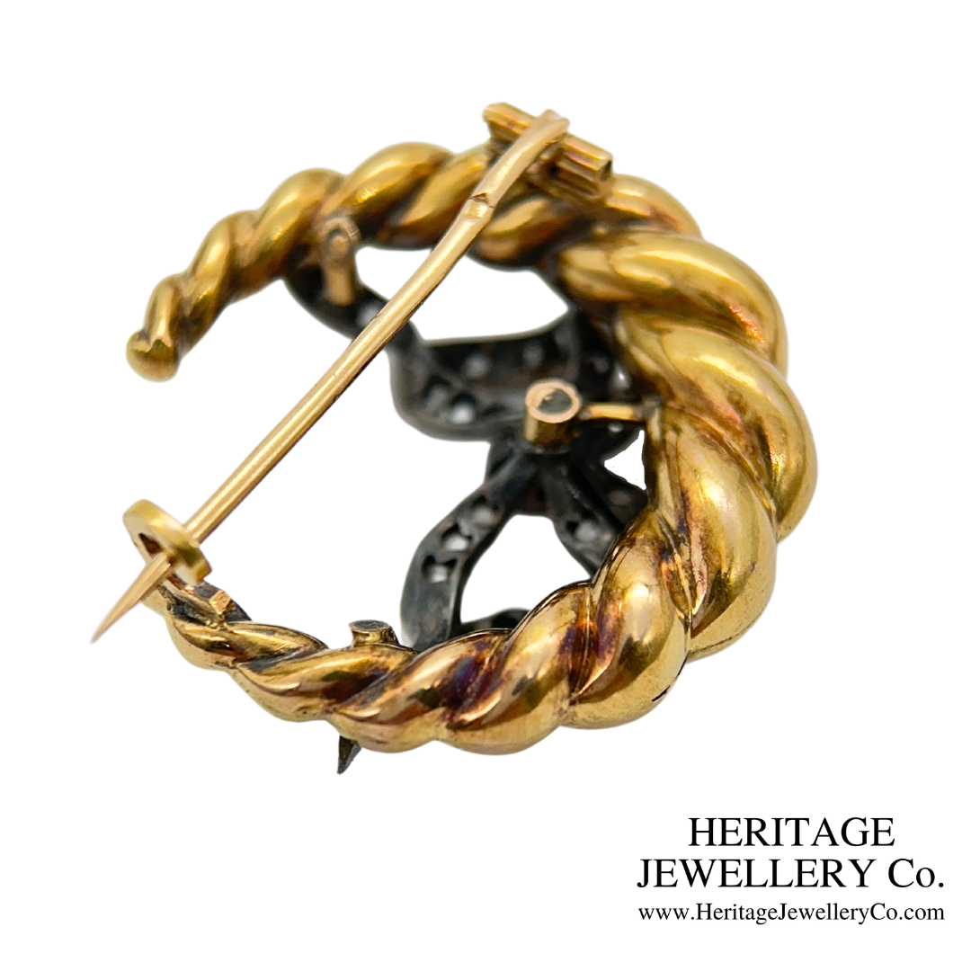 Antique Rose Diamond Bow and Crescent Brooch