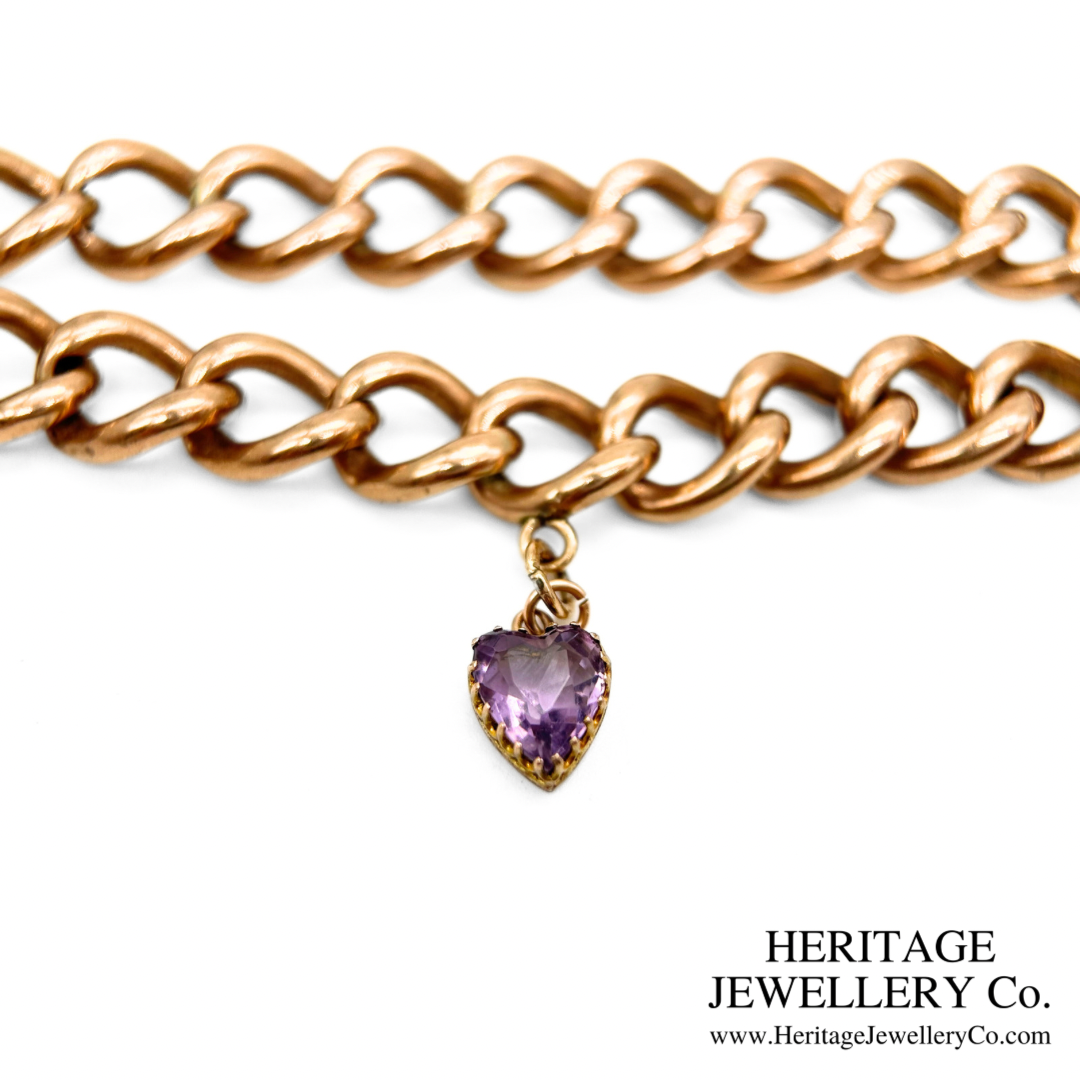 Antique Gold Curb Bracelet with Amethyst Heart Charm