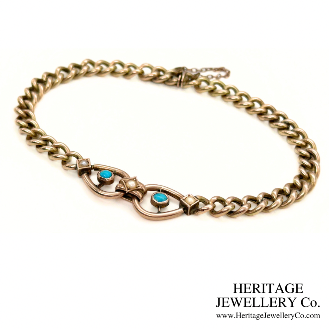 Antique Turquoise & Pearl Curb Bracelet (9ct Gold)