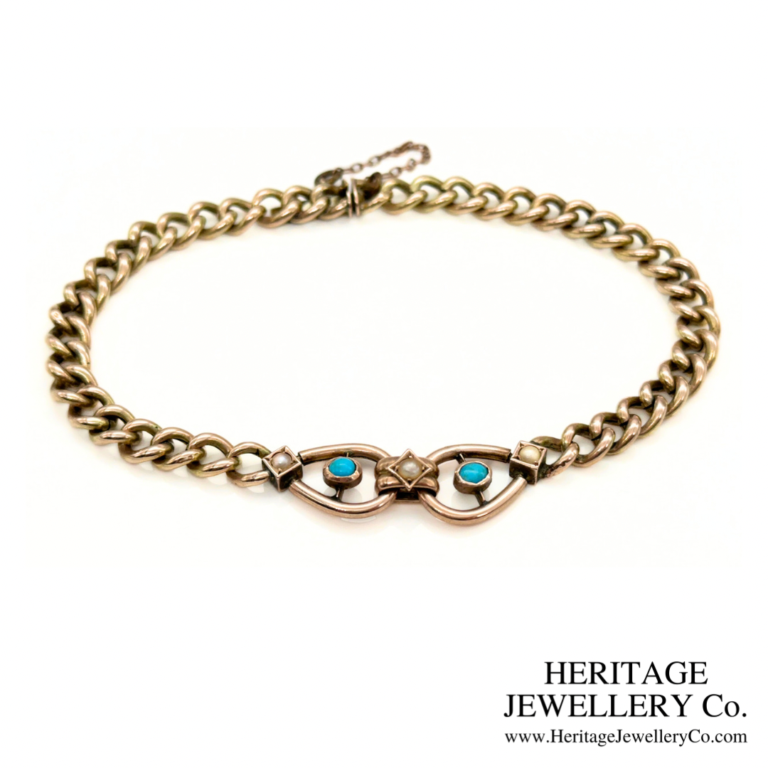 Antique Turquoise & Pearl Curb Bracelet (9ct Gold)