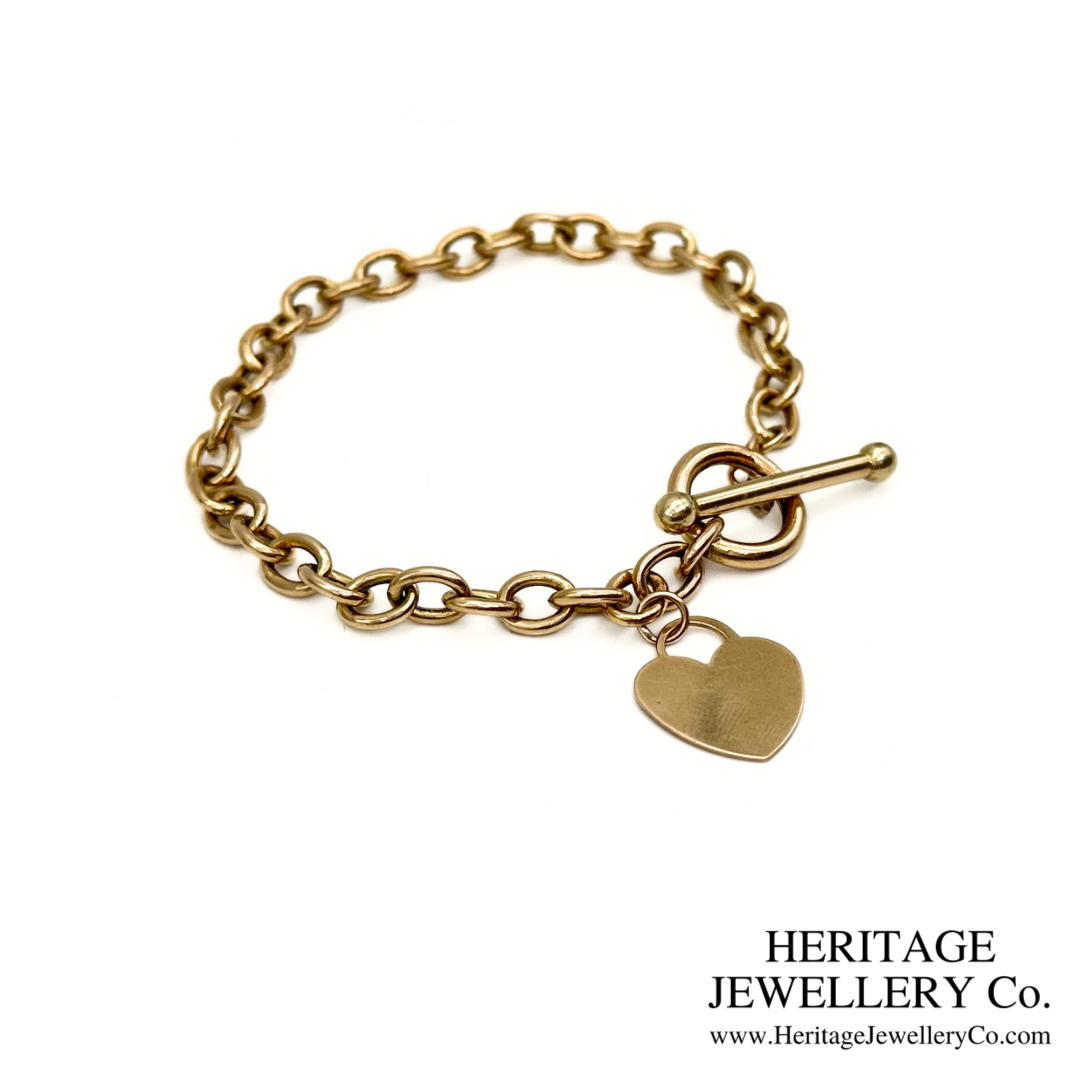 Vintage Gold Bracelet with Heart Charm and T-Bar