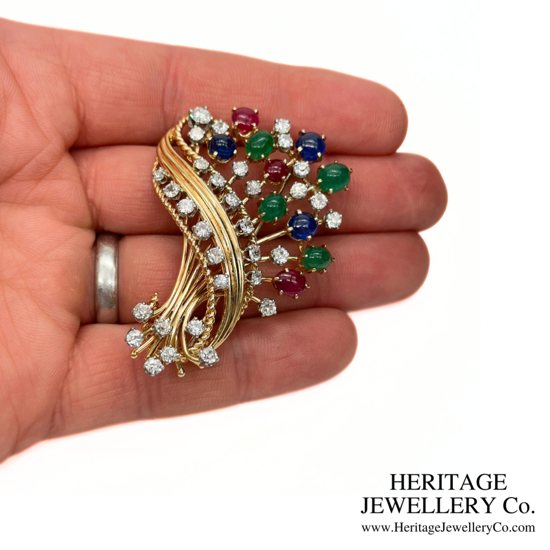 Retro Tutti Frutti Diamond and Gemstone Brooch