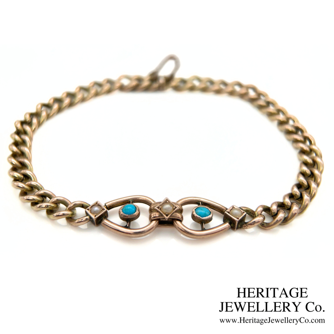 Antique Turquoise & Pearl Curb Bracelet (9ct Gold)