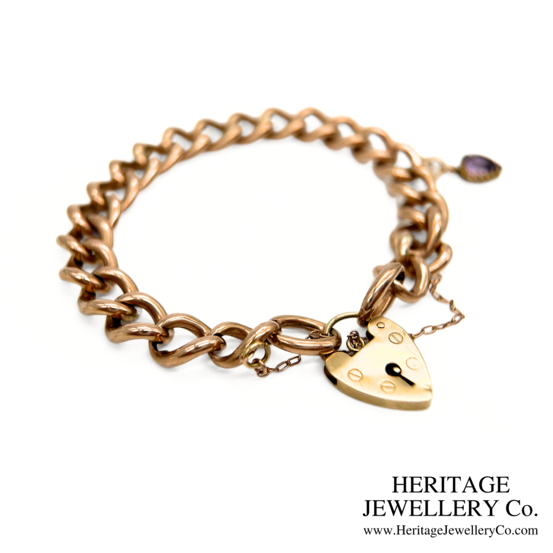 Antique Gold Curb Bracelet with Amethyst Heart Charm