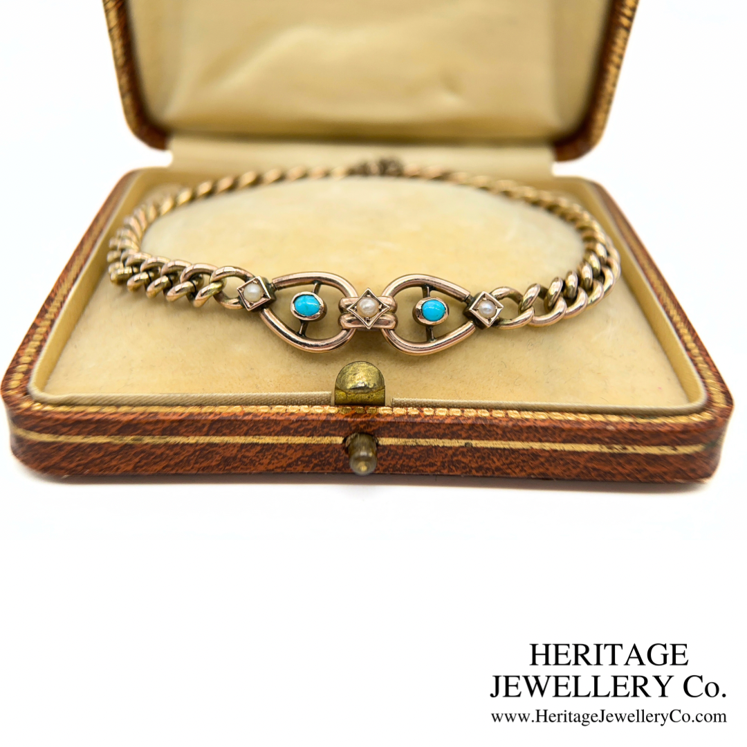 Antique Turquoise & Pearl Curb Bracelet (9ct Gold)