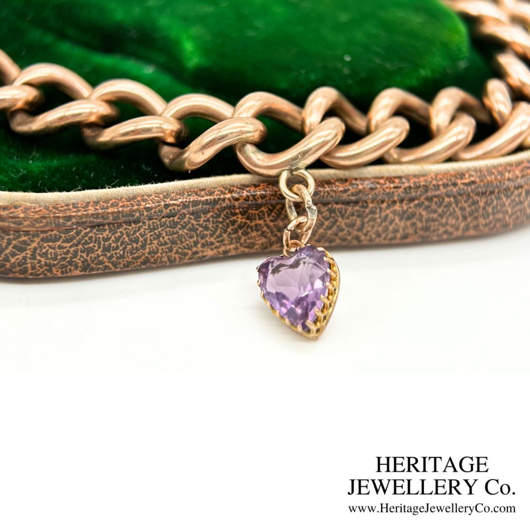 Antique Gold Curb Bracelet with Amethyst Heart Charm