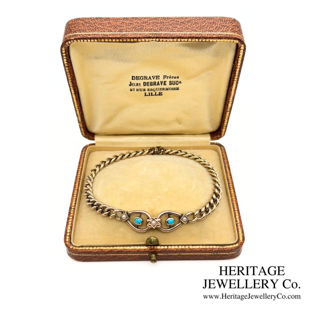 Antique Turquoise & Pearl Curb Bracelet (9ct Gold)