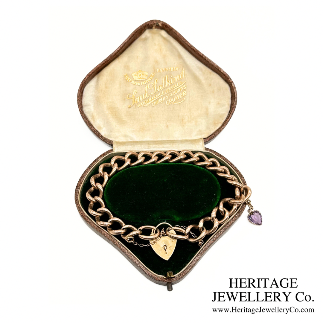 Antique Gold Curb Bracelet with Amethyst Heart Charm