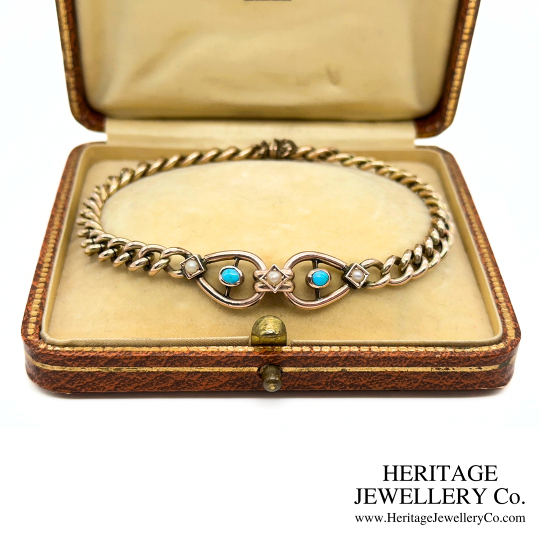 Antique Turquoise & Pearl Curb Bracelet (9ct Gold)