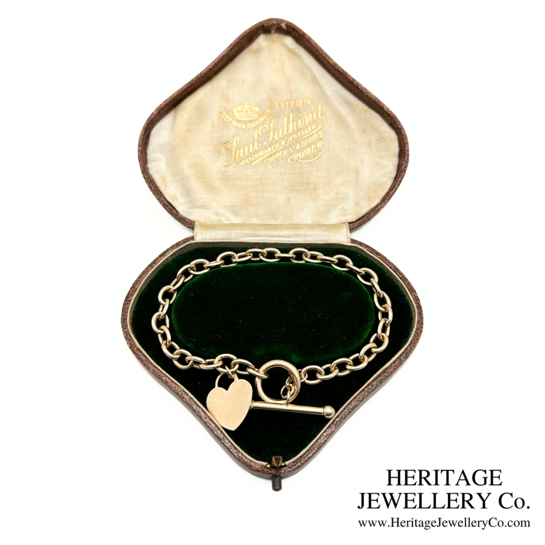 Vintage Gold Bracelet with Heart Charm and T-Bar