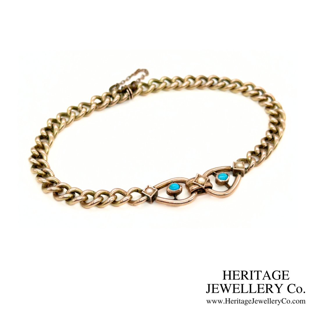 Antique Turquoise & Pearl Curb Bracelet (9ct Gold)