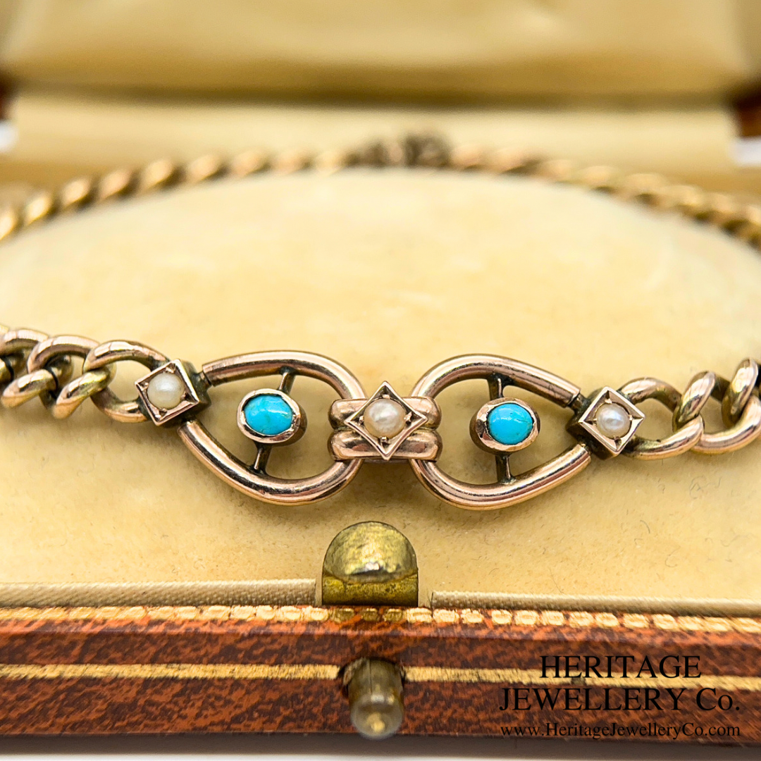 Antique Turquoise & Pearl Curb Bracelet (9ct Gold)
