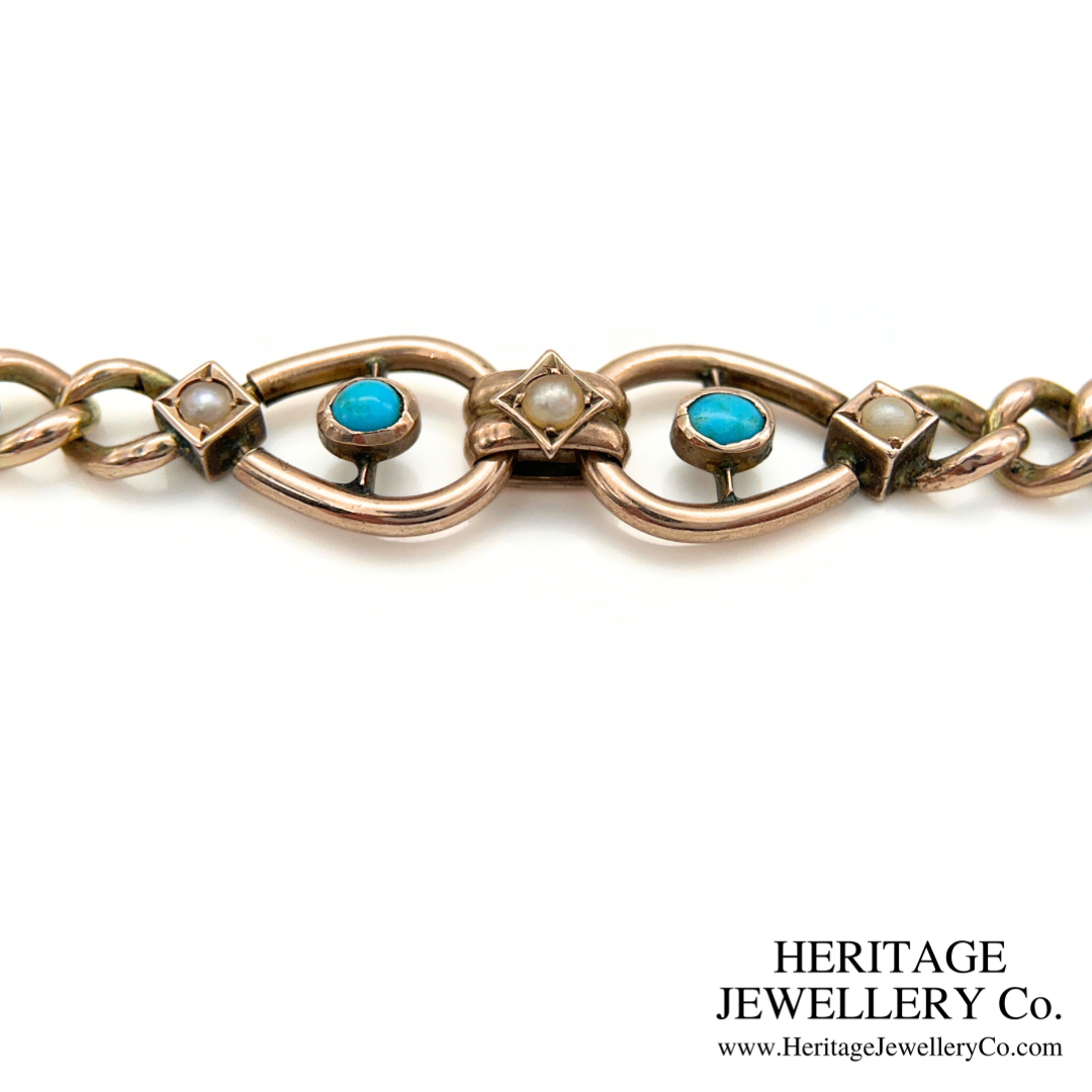 Antique Turquoise & Pearl Curb Bracelet (9ct Gold)