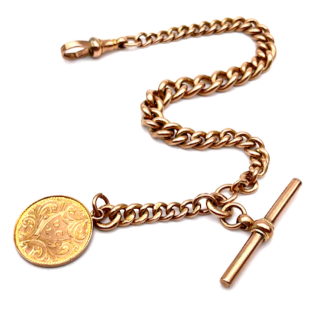 Antique Curb Chain Bracelet with T-Bar and Medallion