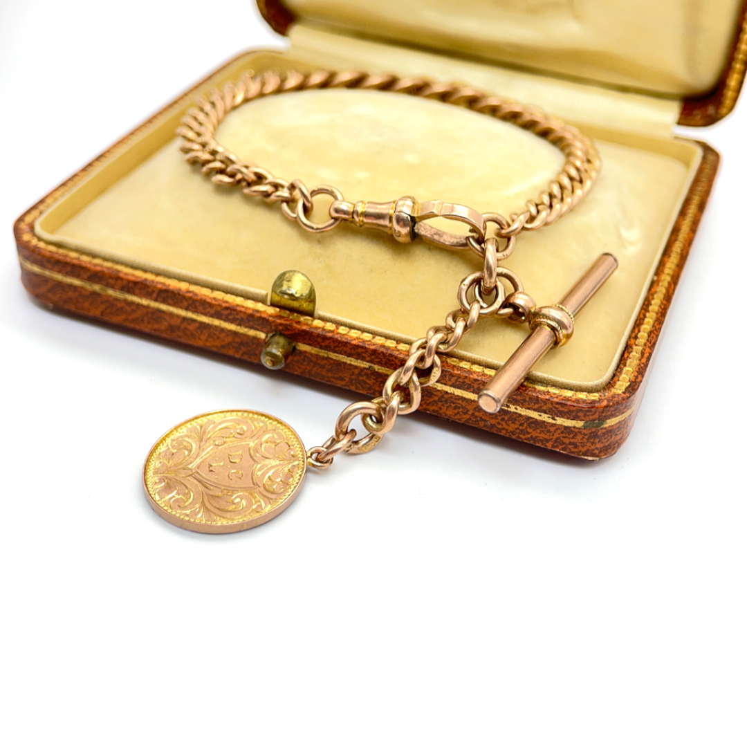 Antique Curb Chain Bracelet with T-Bar and Medallion
