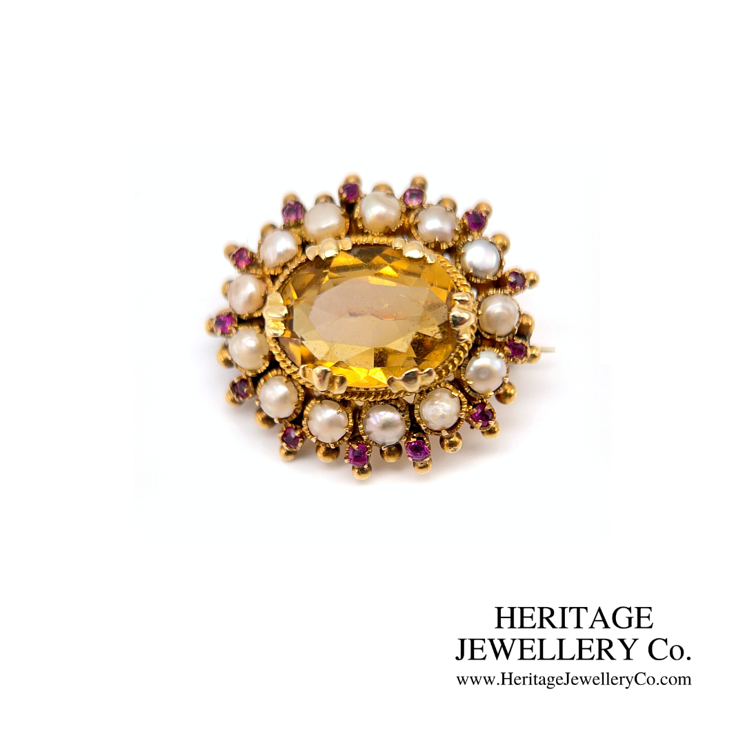 Victorian Citrine, Pearl and Ruby Brooch