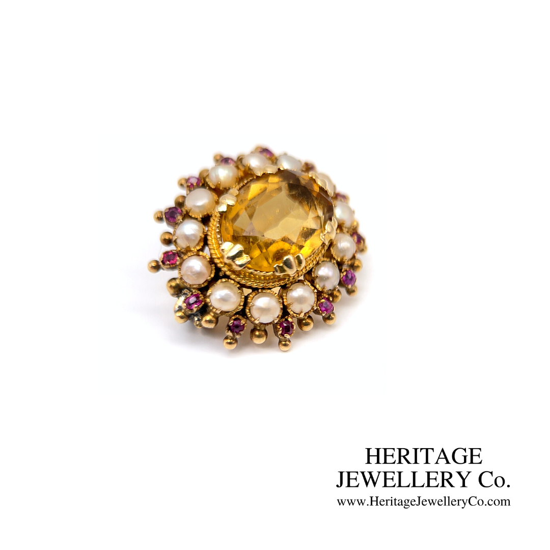 Victorian Citrine, Pearl and Ruby Brooch