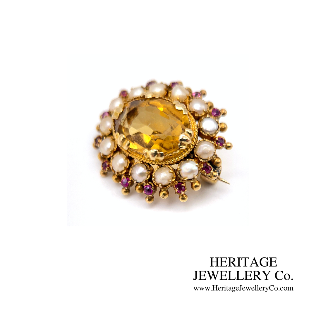 Victorian Citrine, Pearl and Ruby Brooch