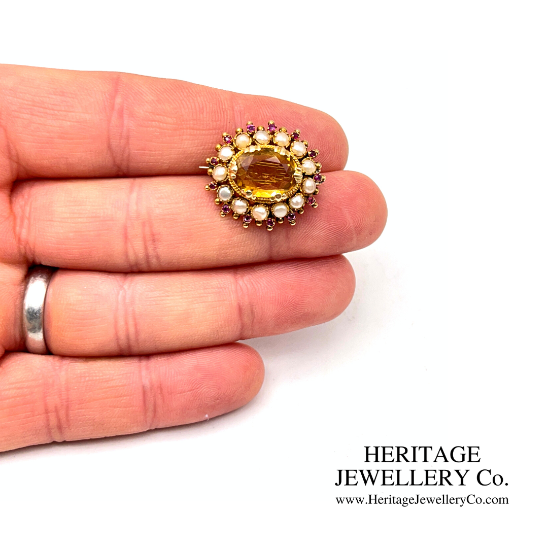 Victorian Citrine, Pearl and Ruby Brooch