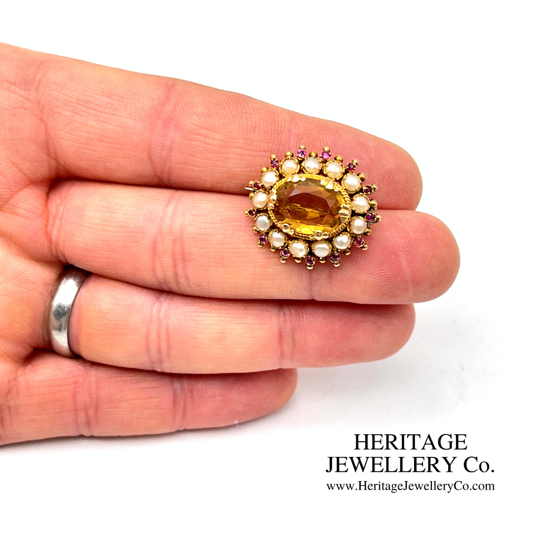 Victorian Citrine, Pearl and Ruby Brooch