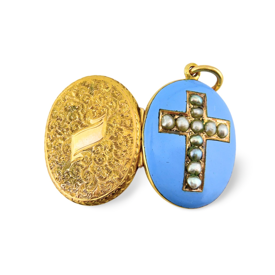 Victorian Enamel And Pearl Cross Locket Pendant