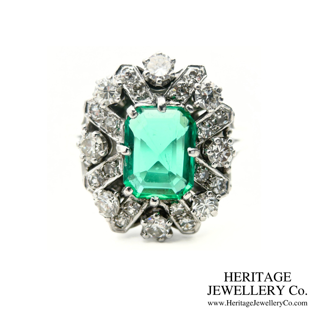 Art Deco Emerald and Diamond Cluster Ring (Platinum)