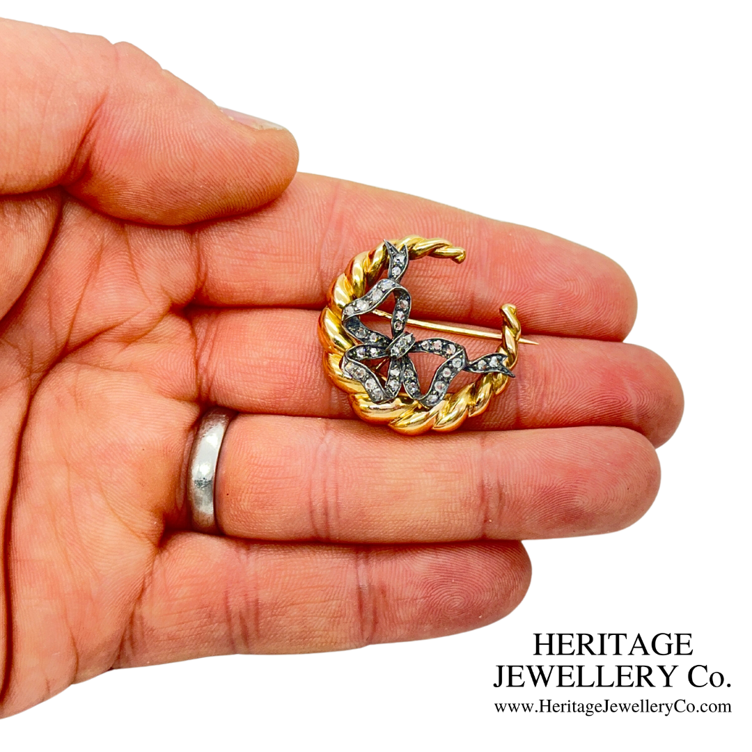 Antique Rose Diamond Bow and Crescent Brooch