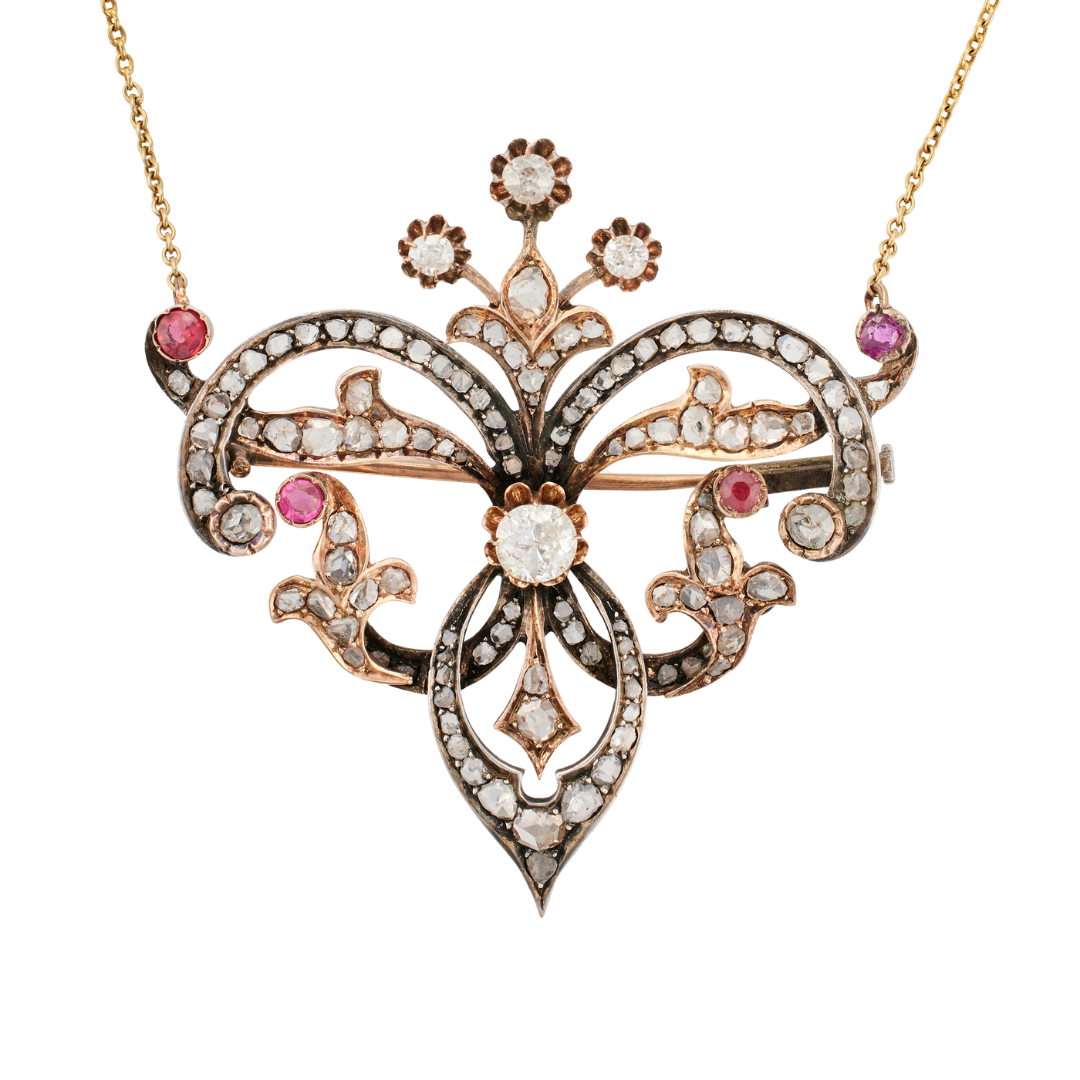 Antique Ruby and Diamond Pendant Brooch