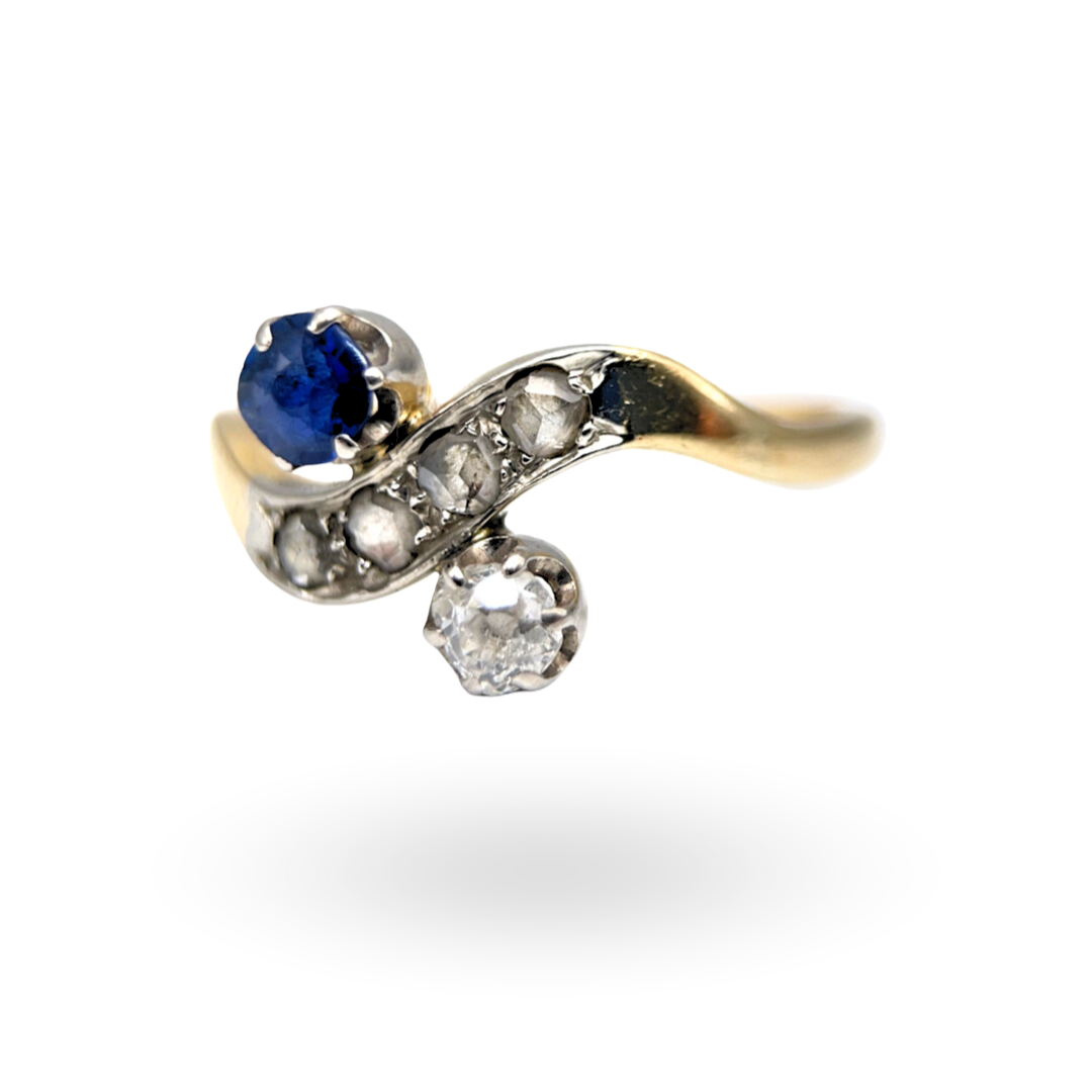 Antique Sapphire & Diamond Crossover Ring