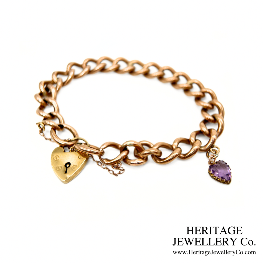 Antique Gold Curb Bracelet with Amethyst Heart Charm