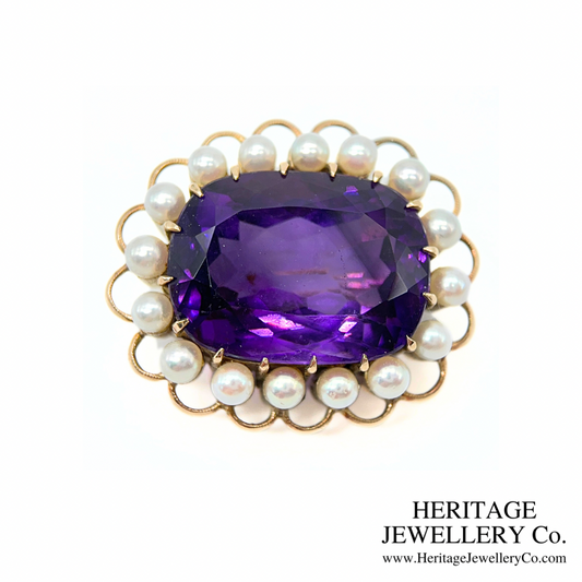 Large Amethyst & Pearl Brooch (9ct Gold)