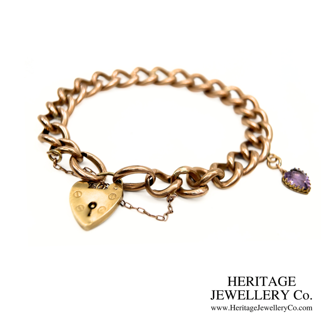 Antique Gold Curb Bracelet with Amethyst Heart Charm