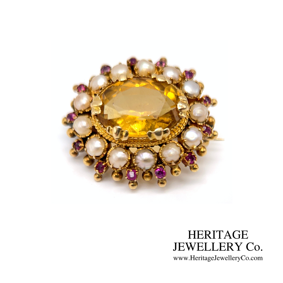Victorian Citrine, Pearl and Ruby Brooch