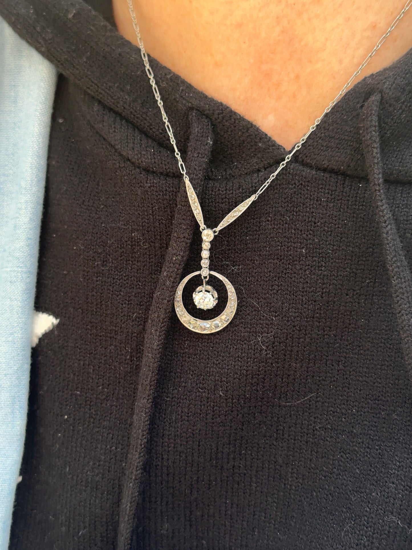Art Deco Diamond Crescent Pendant Necklace