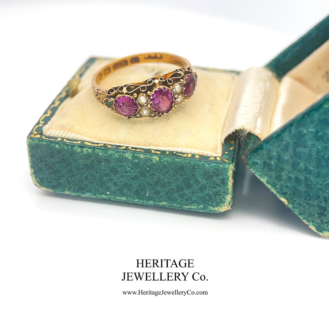 Victorian Garnet, Emerald & Pearl Ring (15ct gold; c.1876)