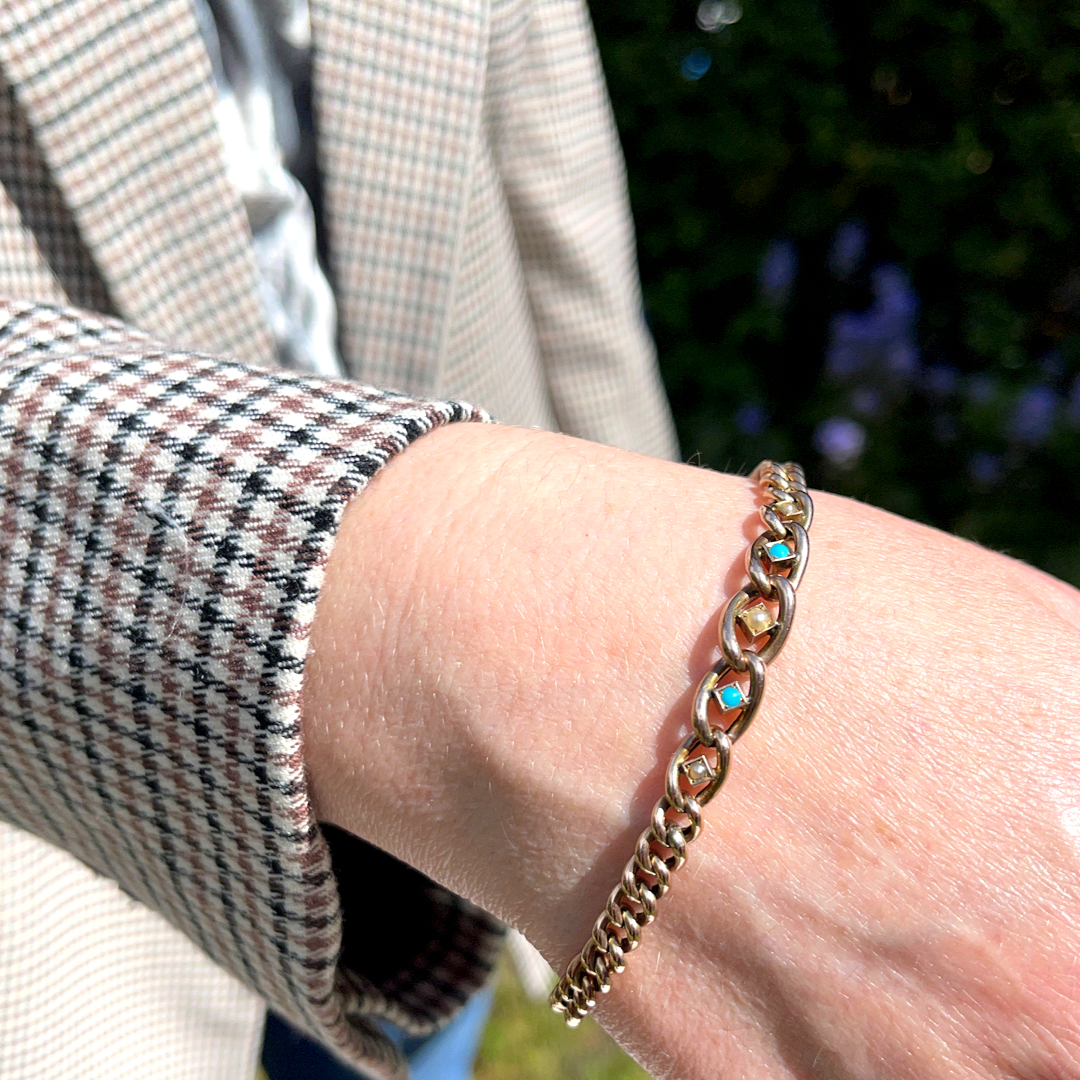 Antique Turquoise & Pearl Curb Bracelet