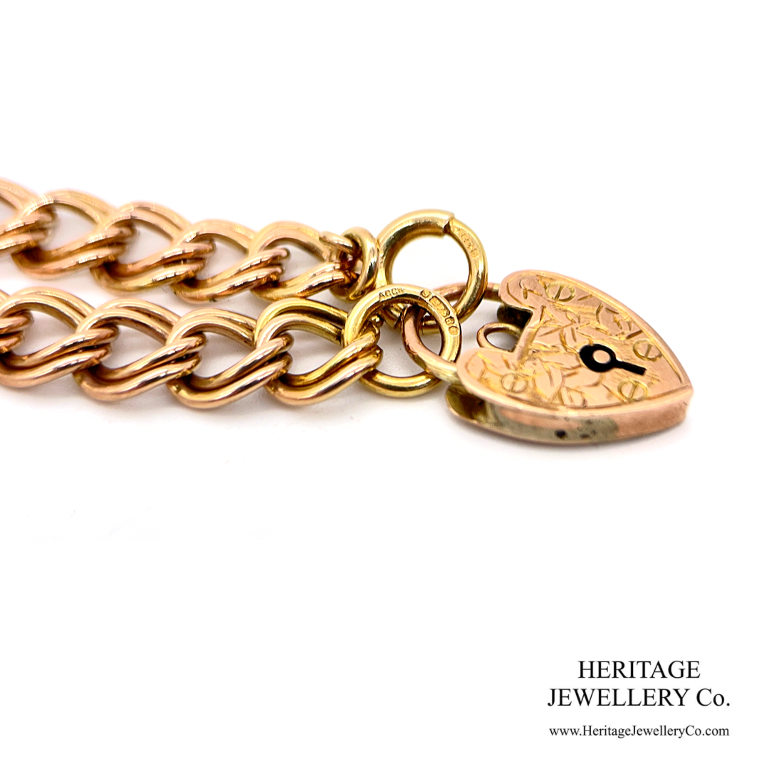 Antique Gold Double Curb Bracelet with Heart Padlock (13.8g 9ct gold)